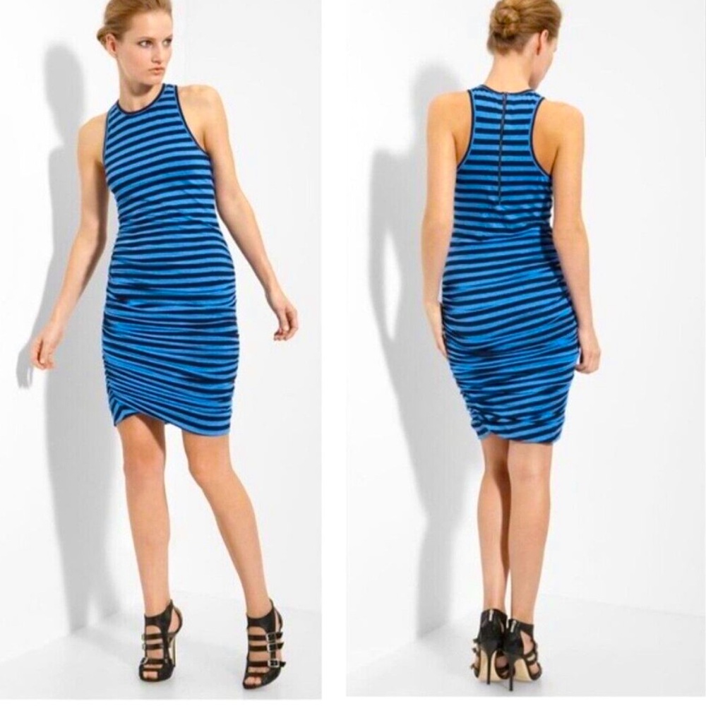 A.L.C. Linen Ruched Midi Shift Dress Sleeveless Size Medium Blue Striped Coastal